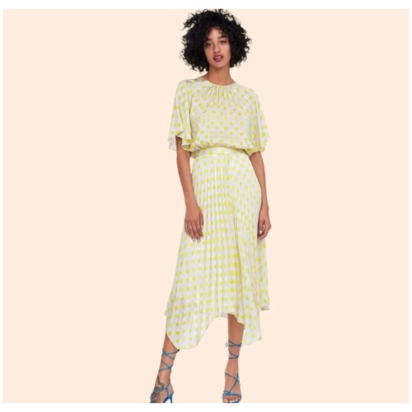 Zara Dresses & Skirts - Zara Satin Yellow Polka Dot Pleated Midi Skirt